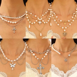 Multi Layered Necklace Alloy Faux Artificial Pearl Crystal Cross Heart Butterfly Dice Pendant Gothic Y2K Vintage Jewelry For Women