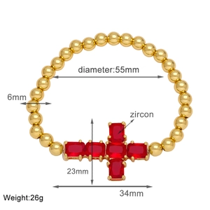 Detailed size map of gold beaded cross bracelet with red zircon inlay dimensions