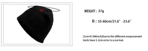 Size chart for fleece beanie showing weight 37g and head circumference 55-60cm details