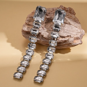 Detail of luxury acrylic crystal tassel earrings on a natural rock background