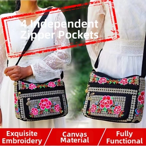 Ethnic canvas crossbody bag with four zipper pockets and colorful floral embroidery