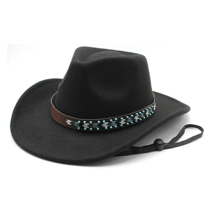 Chapeau de cow-boy classique en feutre de laine noir avec bande de cuir perlé et cordon