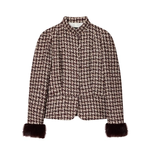 Women Elegant Tweed Jacket Plaid Stand Collar Outerwear With Faux Fur Cuffs Button Front Long Sleeve Fashion Coat