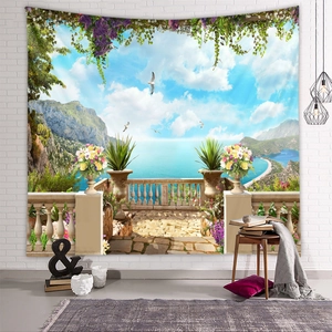 Detail of Mediterranean balcony view tapestry hanging on a textured white brick wall