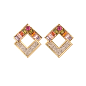 Elegant gold geometric diamond-shaped earrings with colorful sparkling gemstones