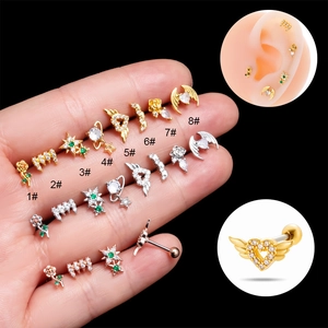 Stainless Steel Helix Earring Cartilage Stud With Cubic Zirconia Flower Heart Wings Screw Back Piercing Jewelry For Women