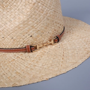Unisex raffia straw fedora hat with brown leather band and gold horsebit detail