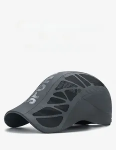 Detailed close-up of breathable mesh panels and SPORT logo on a grey quick-dry cap