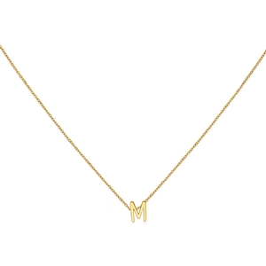 Detailed view of an 18K gold letter M pendant on a delicate cable chain necklace
