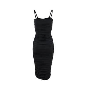 Detailed view of the ruching texture and slim fit design of this black midi cami dress