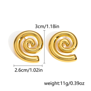 Macro shot showing dimensions and 11g weight of gold spiral stainless steel earrings