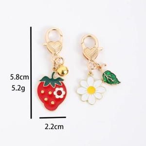 3D strawberry and daisy zinc alloy keychain charms with red berry and white flower design