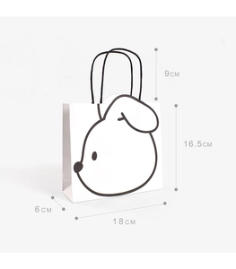 Minimalist white paper gift bag with cute black dog outline and size measurements