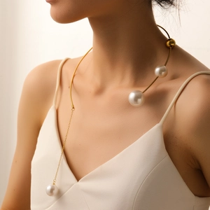 Stainless Steel Choker Necklace And Earrings With Faux Artificial Pearls Asymmetrical Dangling Chain Elegant Jewelry For Women