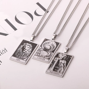 Detailed shot of Leo, Cancer, and Aquarius tarot card pendant necklaces in silver steel