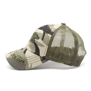 Detail of Navy SEAL camouflage baseball cap with breathable green mesh and embroidery