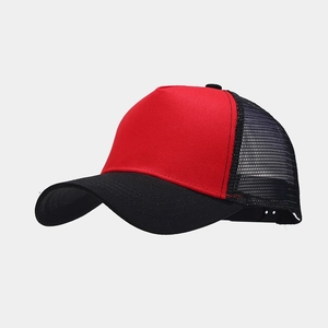 Side view of red and black mesh trucker hat with breathable fabric and curved brim