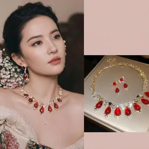 Red Water Drop Pendant Necklace And Earring Alloy Jewelry With Clear Zircon Elegant Wedding Party Jewelry For Women
