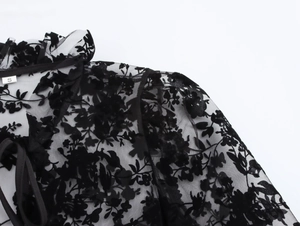 Detail of sheer black lace blouse featuring velvet floral flocking and ruffled lace collar