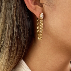 Detail der goldenen Kettenohrringe mit Zirkon-Tropfen an einem Model für einen Luxus-Look