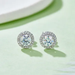 S925 sterling silver moissanite halo stud earrings with brilliant round cut stones