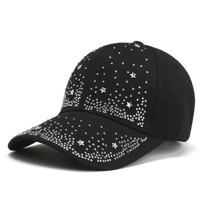 Black baseball cap for women with glittering silver rhinestones and star studs decoration