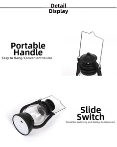Detail of portable metal handle and battery compartment with switch on retro LED lantern