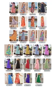 Detail view of colorful floral prints and pleated bust texture on women's summer maxi dresses