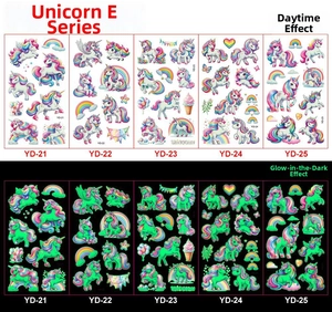 Unicorn glow-in-the-dark temporary tattoos showing day and night luminous effects