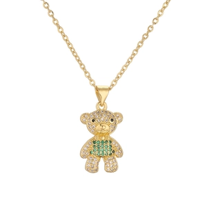Gold-plated bear pendant necklace with champagne and green pavé zircons on thin chain