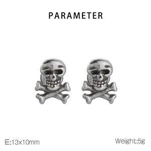 Detailed view of silver skull stud earrings with 13x10mm size and 5g weight specs