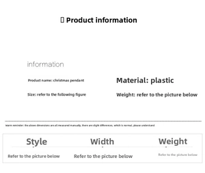 Close-up of Christmas tree ornaments information card detailing material and size
