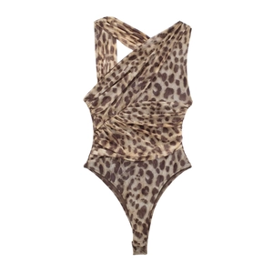 Leopard print mesh bodysuit with crossover neck and asymmetrical ruching on white backdrop