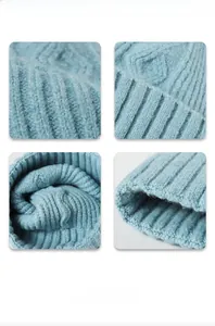 Macro details of thick light blue knit beanie showing diamond texture and stitching quality