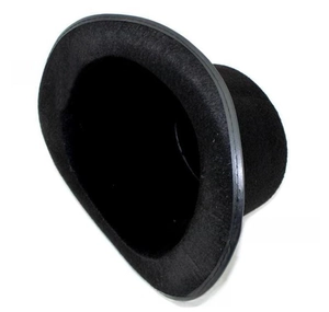 Detail shot of black felt magician top hat with reinforced brim and sturdy flat crown