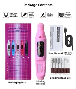 Complete electric nail drill kit with USB cable, 6 bits, and pink sanding machine