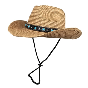 Western style wide brim straw sun hat with turquoise bead band and chin strap