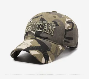 Detail view of camouflage baseball cap with SEAL TEAM 3D embroidery and durable canvas texture