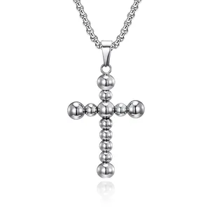 Cross Pendant Necklace Stainless Steel High Polished Ball Bead Design Religious Punk Hip Hop Jewelry Unisex
