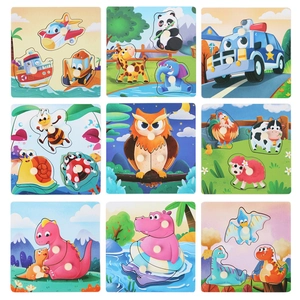 Educational wooden peg puzzles for toddlers featuring animals and vehicles in a 9-set collection