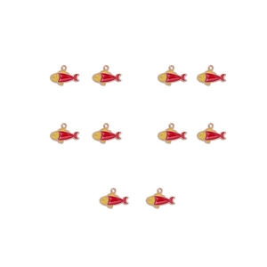 Close-up of 10 red enamel and gold fish charms for DIY jewelry making and crafts