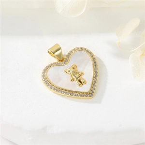 14K gold plated heart pendant with zircon, white shell inlay, and bear motif