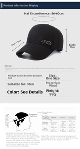 Comprehensive size chart for black wool baseball cap with head measurement guide and tips