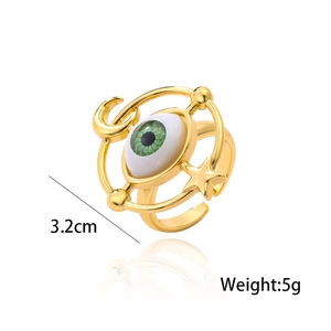 Golden Evil Eye open ring with green pupil moon and star celestial design accents