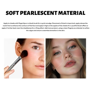 Détails de la palette fard à joues nacré avec guide d'application et visuels du mannequin