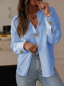 Elegant sky blue satin long sleeve shirt featuring heart-shaped gold buttons for women