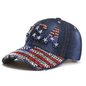 Women Fashion Polyester Denim Style Baseball Cap USA Flag Rhinestone Studded Distressed Adjustable Sun Hat Peaked Cap