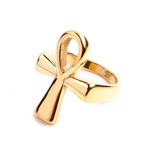 Polished gold stainless steel ring featuring the Egyptian Ankh life symbol for men and women