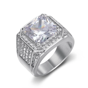 Luxurious silver 316L stainless steel hip hop ring with large square zircon and pavé stones