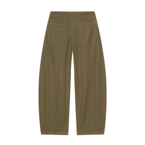 Olive green loose wide-leg cargo pants for women featuring back pockets and curved seams